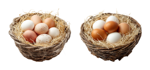 Two rustic woven baskets filled with fresh chicken eggs, one with speckled and brown eggs, the other with white and brown eggs, isolated on black PNG set Transparent backround