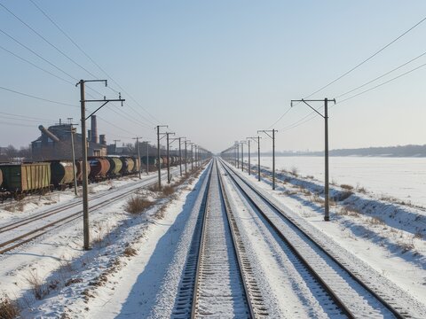 Railway tracks stretching to the horizon on a snowy winter day, flanked by overhead wires, a freight train on the left, and industrial structures.