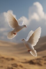 Two white doves flying in a clear blue sky over sandy dunes