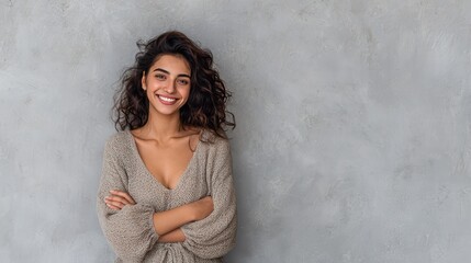 portrait of a young latin woman with pleasant smile and crossed arms isolated on grey wall with copy space beautiful girl with folded arms looking at camera against grey wall cheerful hispanic woman 