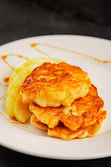 Apple pancakes sweet dish delicious breakfast fruit dish natural product tasty snack fresh delicious gourmet food background on the table rustic top view copy space