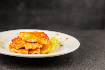 Apple pancakes sweet dish delicious breakfast fruit dish natural product tasty snack fresh delicious gourmet food background on the table rustic top view copy space