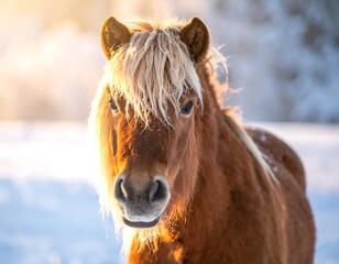 Horse in snowy field bathed in golden sunlight