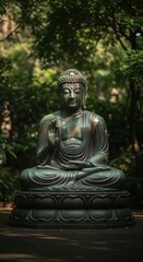 Isolated bronze Buddha statue meditating peacefully amidst lush green foliage, an illustration evoking ancient wisdom and spiritual tranquility with serene cinematic lighting.