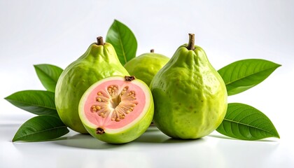 Fresh guava fruit, whole and halved, with leaves