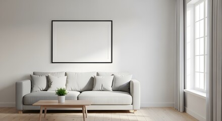 Serene modern living room showcases plush sofa, empty black frame, and sunlit window creating a peaceful, inviting atmosphere perfect for design inspiration.