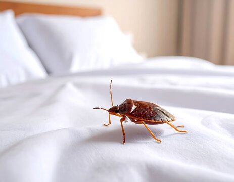 Stink Bug on a Bed Sheet: Close-up of Pest Infestation in a Bedroom