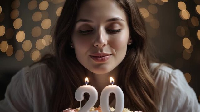 Young woman smiling and preparing to blow out candles on a birthday cake celebrating her 20th birthday, warm festive lights creating a joyful atmosphere.