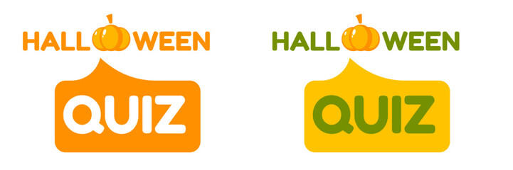 Halloween quiz logo with cartoon pumpkin isolated on whhite background. Halloween kids quest and quiz game graphic vector illustration