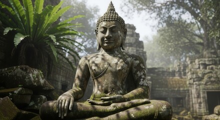 Ancient Buddha statue in serene jungle temple ruins, bathed in dappled sunlight, embodying peace and spiritual reflection, rendered as a highly detailed illustration.