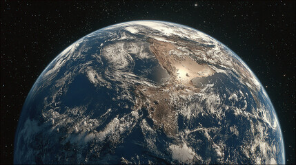 Fototapeta premium Realistic view of planet Earth in space, showing continents, oceans, and clouds in a solar system context with detailed cosmic surroundings.