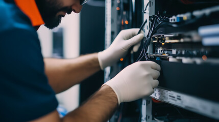 IT Professional working on server. Focus on safety and care when doing computer repair and network administration. Focus on the task at hand.