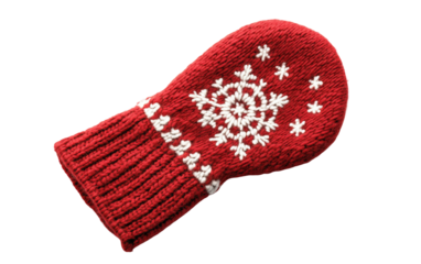 Red mitten with white snowflakes clinging softly symbolizing warmth comfort and cold winter season isolated on transparent background PNG