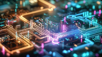 A vibrant, abstract representation of a circuit board with glowing pathways and colorful lights, symbolizing technology and connectivity.
