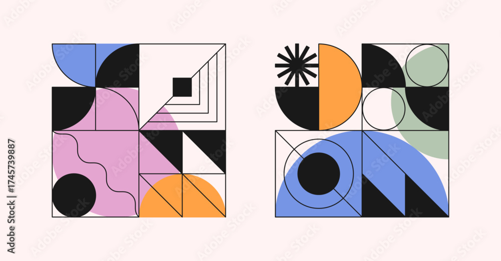 Wall mural abstract geometric compositions in brutalist style.trendy modular designs with block shapes,elements