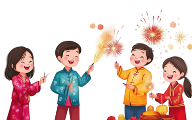 Chinese family setting off fireworks at night celebrating festival with joy tradition and togetherness isolated on transparent background PNG