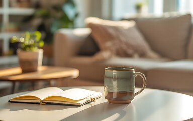 Cozy living room with coffee mug and book on table in soft sunlight