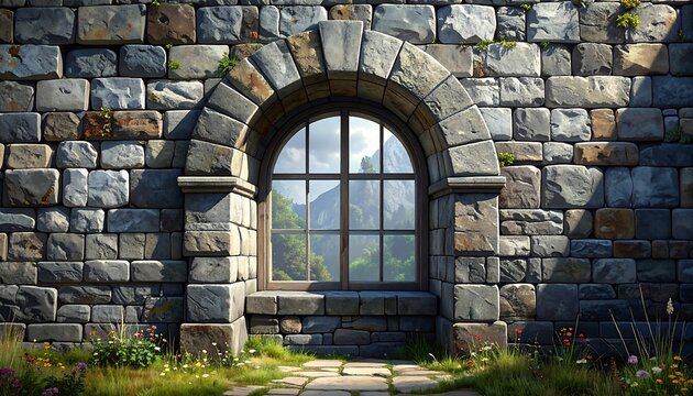 Stone Wall with Arch Window Framing a Landscape View, Exterior Design