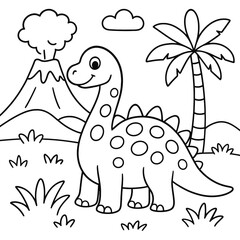 Cute long-necked dinosaur coloring page for kids. This friendly, spotted cartoon dino stands in a prehistoric landscape featuring an erupting volcano, a tall palm tree, and green grass. Perfect outlin