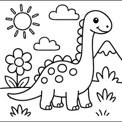 Cute Brontosaurus Dinosaur Coloring Page for Kids with Happy Smile, Sun, Clouds, Flower, and Mountains. Fun Prehistoric Animal Activity Sheet, Easy Outline Art for Toddlers and Preschoolers. Printable