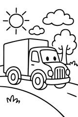 Fototapeta premium Delightful outline coloring page for children, showcasing a happy cartoon delivery truck traveling on a scenic country road with a bright sun, puffy clouds, and a lush tree, ideal for imaginative colo
