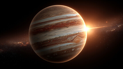 Realistic depiction of planet Jupiter in the solar system, featuring its detailed cloud bands and Great Red Spot, floating in deep space with distant stars, ideal for astronomy and space projects.