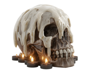 Eerie human skull covered with melting candle wax surrounded by glowing candles for halloween