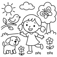 Obraz premium A delightful cartoon girl enjoys a sunny day outdoors with her playful puppy, a chirping bird on a branch, and a graceful butterfly near a tree, amidst blooming flowers and fluffy clouds, an ideal sce