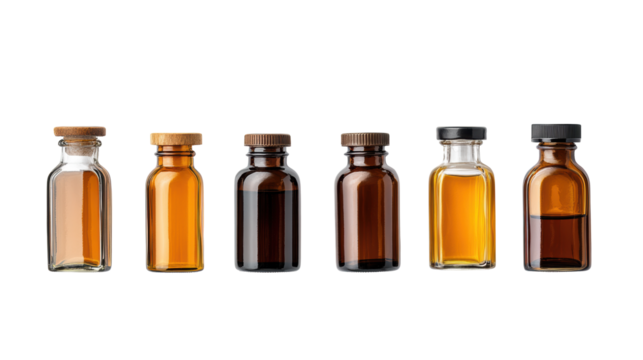 Assorted Glass Bottles with Various Lids on Transparent Background