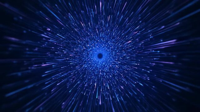 Abstract blue light streaks and glowing particles moving fast through a digital hyperspace tunnel for futuristic motion graphics background