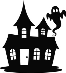 Spooky haunted house with a floating ghost perfect for halloween on transparent background silhouette