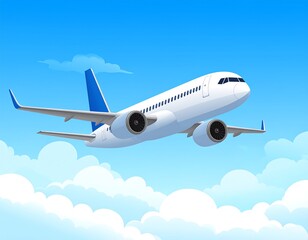 Obraz premium A cartoon-style jet plane soars through a vibrant blue sky, dotted with fluffy white clouds. The plane is a light white with navy blue accents