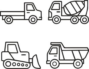Line Drawing of Four Construction Vehicles Icon Side View Vector Illustration