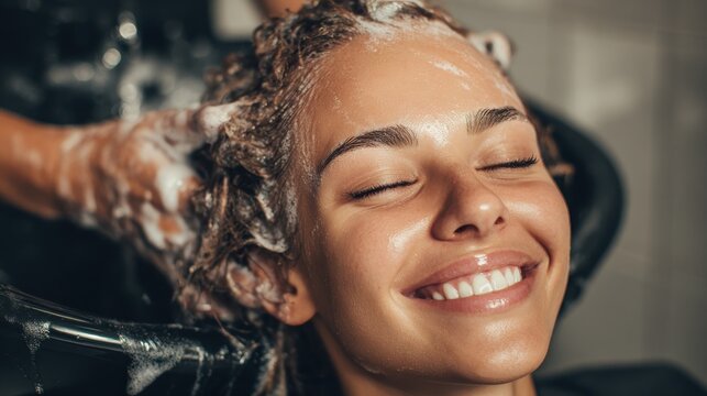 beauty and people concept  happy young woman with hairdresser washing head at hair salon no logos no brands ar 169