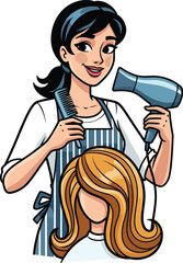 Hairdresser illustration, cartoon stylist, blow drying, combing hair, striped apron, blonde client, salon scene, vector clipart, beauty service, grooming moment