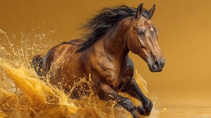 Horse with splashes of water in different directions on plain background