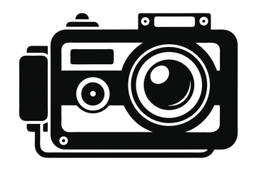 Black and White Retro Camera Icon Featuring Large Lens and Flash Attachment Portrayal
