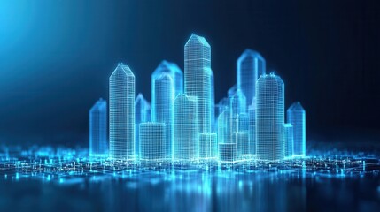 Obraz premium A futuristic city skyline rendered in blue neon, showcasing a digital and high-tech urban landscape against a dark background.