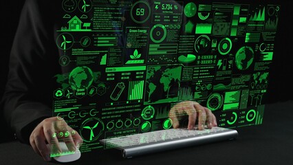 A modern, high-tech setting showcasing hands interacting with a digital display of green energy statistics and environmental data, emphasizing technology and sustainability. Cipher