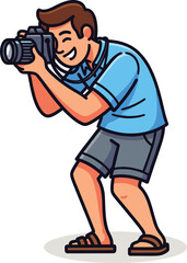 Fototapeta premium Photographer illustration, cartoon character, taking photo, camera pose, blue shirt, brown sandals, casual outfit, vector clipart, travel moment, hobby scene
