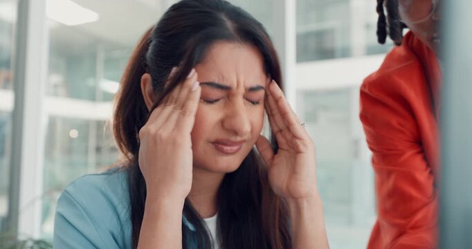 Business, speed and woman with headache, tired and copywriting with pain, tension and fatigue. People, time lapse and creative agency with journalist, migraine and anxiety with burnout and stress