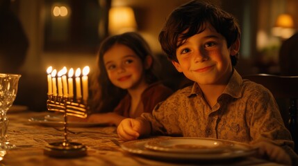 Happy boy lights candles in menorah while celebrating Hanukkah with his family at dining table