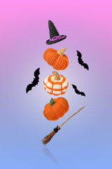 Halloween card made of knitted orange pumpkin with a witch's hat, a broom flying in the air and bats on an purple blue background. Halloween concept.
