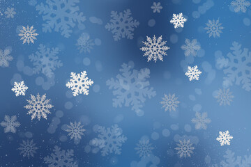 Christmas blue background of white snowflakes flying in the air. Holiday card for New Year and Christmas with space for greetings, labels and your design.