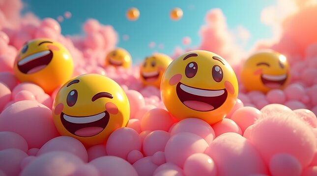 Joyful yellow emoji faces surrounded by soft pink fluffy clouds under a bright sky - Powered by Adobe