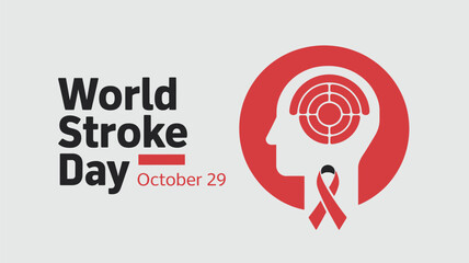Vector art of world stroke day october 29 with red ribbon and brain target symbol in head silhouette