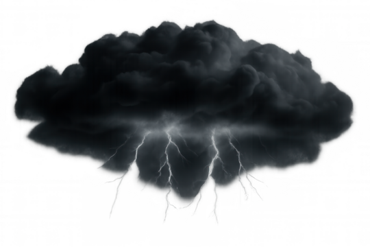 Storm cloud generating multiple lightning strikes, dark weather phenomenon with electric discharge on transparent background