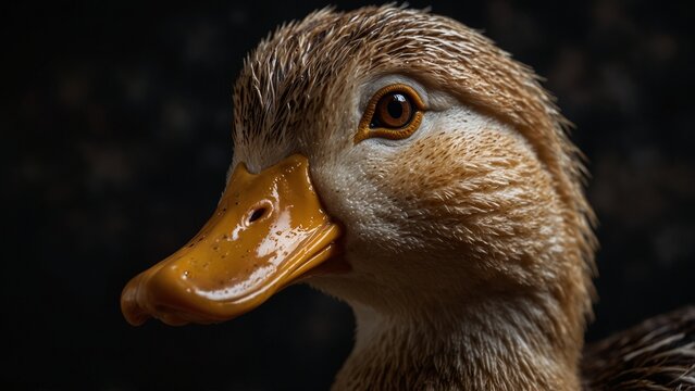 Wet duck close-up with water droplets against dark background