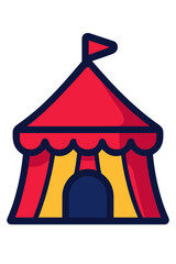 A vibrant, classic cartoon circus tent illustration with a pointed red roof and flag, yellow and red striped walls, and a dark blue entrance, capturing the essence of fun, magic, entertainment, festiv