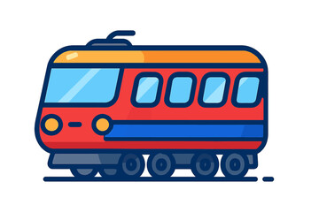 Vibrant cartoon train illustration, a cheerful and modern vector graphic showcasing a red and yellow electric passenger vehicle with bright blue windows, perfect for public transport, travel, city com